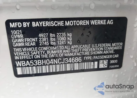 2022 BMW 530 I from USA, damaged, VIN WBA53BH04NCJ34686